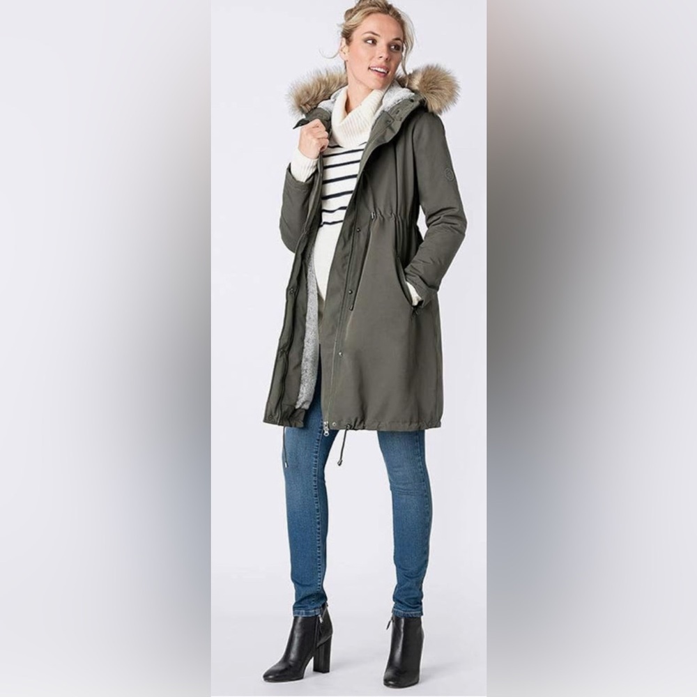 Seraphine Womens Casual Parka Maternity Coat in Olive green - Size 2